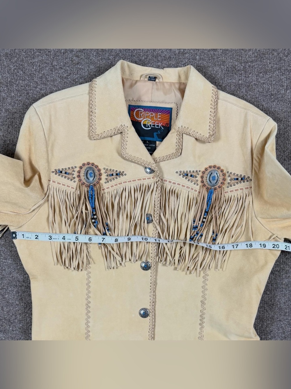Cripple Creek Tan Suede Leather Fringe Western Jacket Womens L Beaded Medallions - Picture 15 of 15